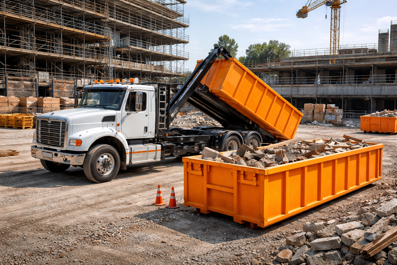 Camion-benne blanc avec conteneur orange sur un chantier de construction, le conteneur soulève des débris.