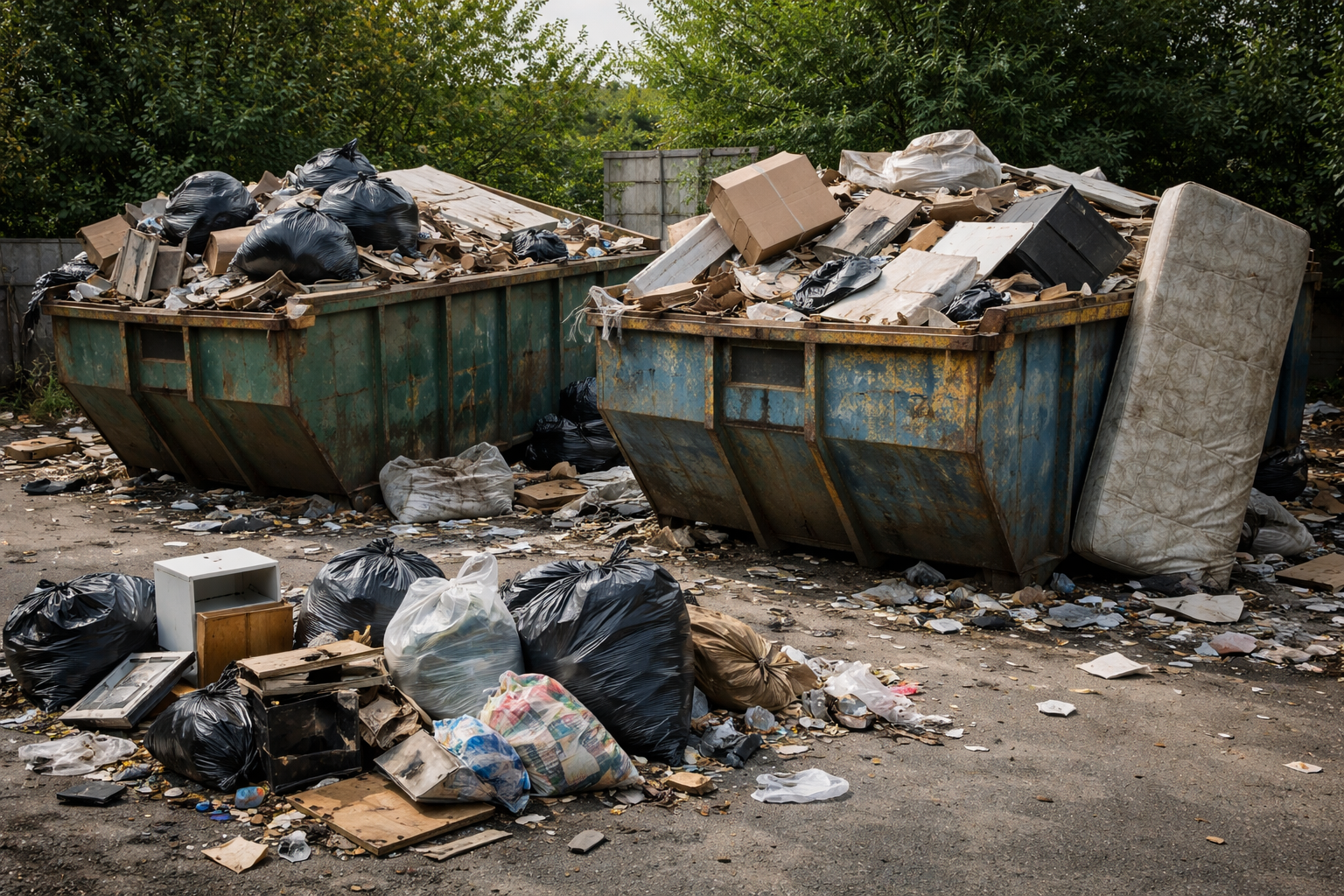 Deux bennes à ordures rouillées et débordantes, remplies de déchets et de débris, sur une surface.