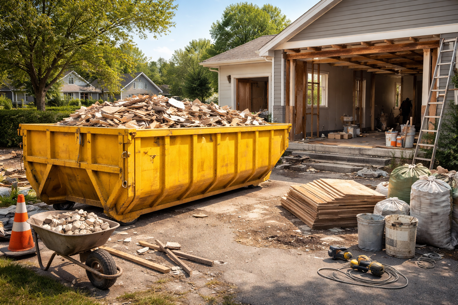 Une benne jaune débordant de débris de construction se trouve devant une maison en rénovation.