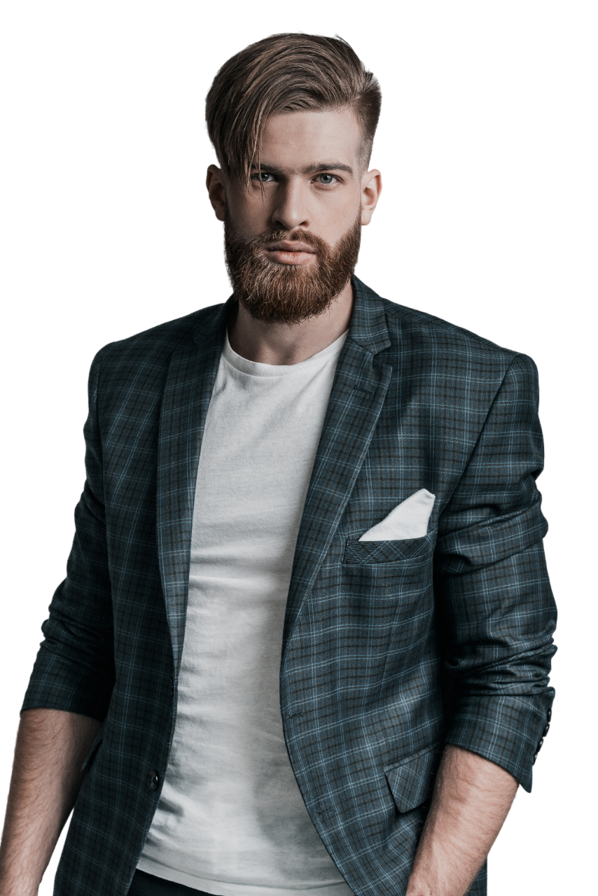 Homme avec barbe et coupe de cheveux avec mèche