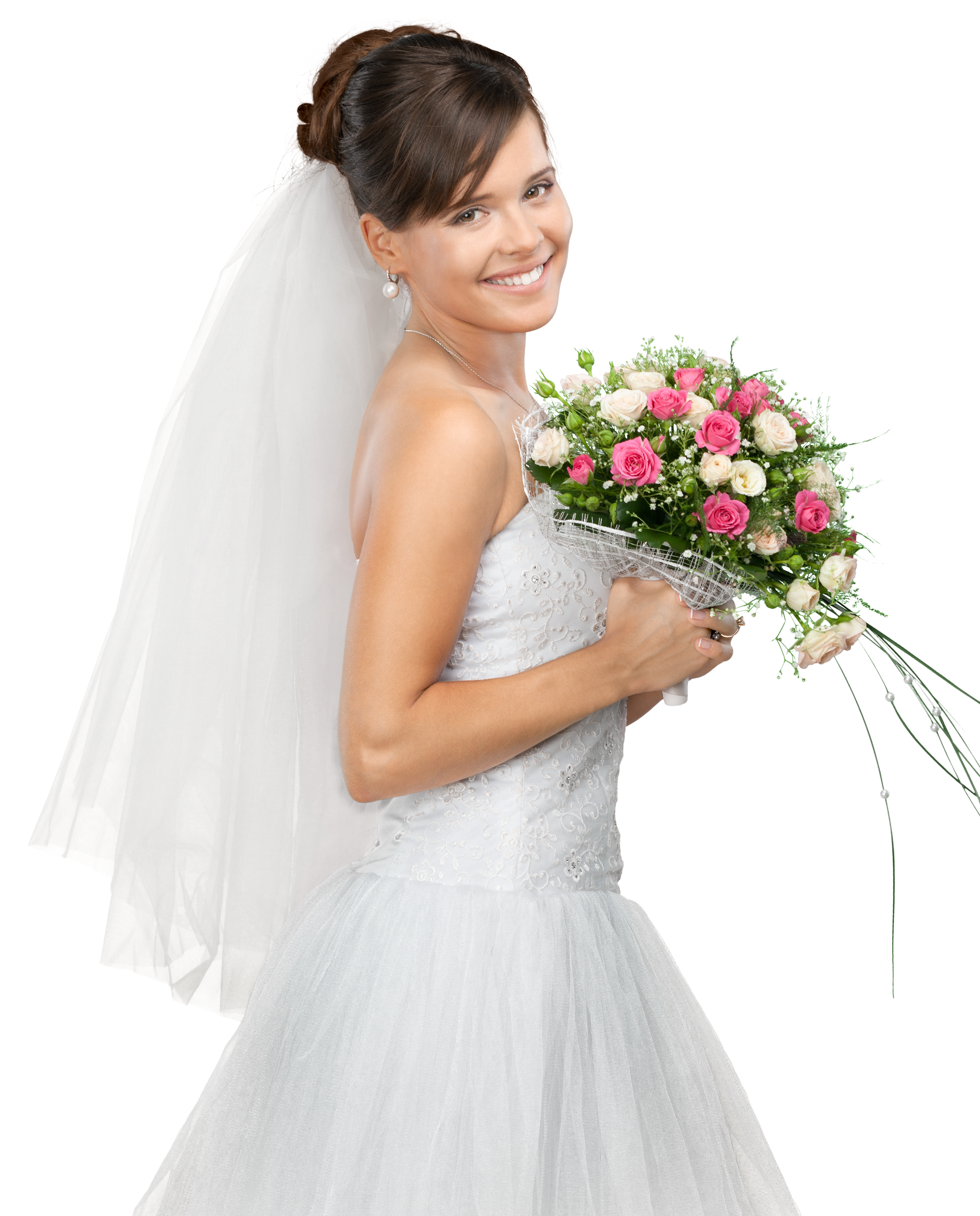 Femme en robe de mariée portant un bouquet