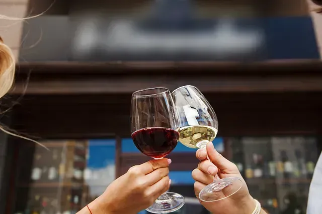Un hombre y una mujer brindan con copas de vino.