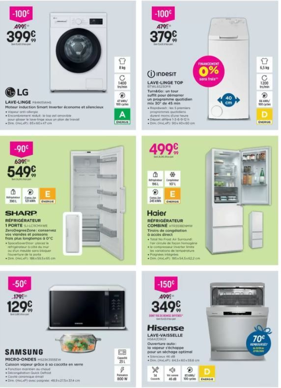 Dépliant promotionnel pour appareils électroménagers : lave-linge, réfrigérateur, micro-ondes et plus, avec prix et cotes énergétiques.