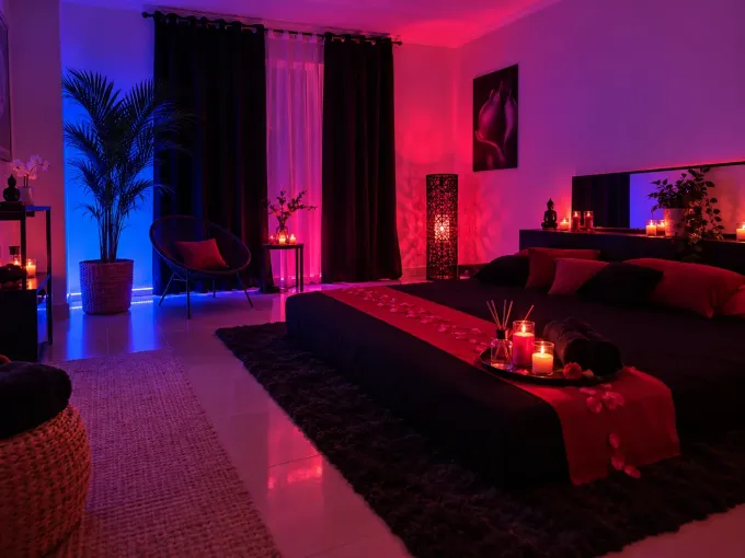 Acogedora sala de estar moderna con iluminación ambiental rosa y azul, sofá, velas, alfombra y cortinas.