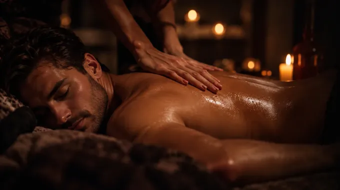 Persona recibiendo un masaje de espalda a la luz de las velas en un spa con luz tenue y velas cálidas y brillantes.