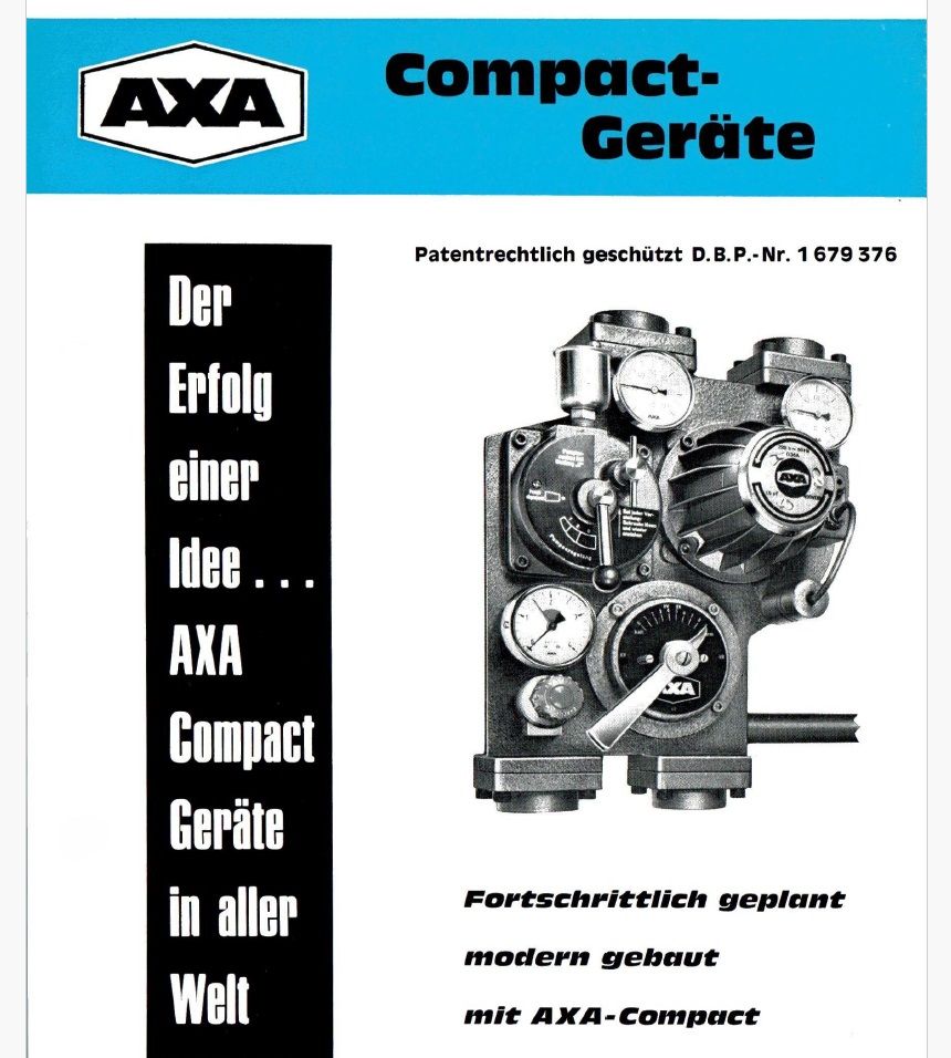 Werbung für AXA Compact Geräte, mit Abbildung eines mechanischen Geräts, Text in deutscher Sprache.