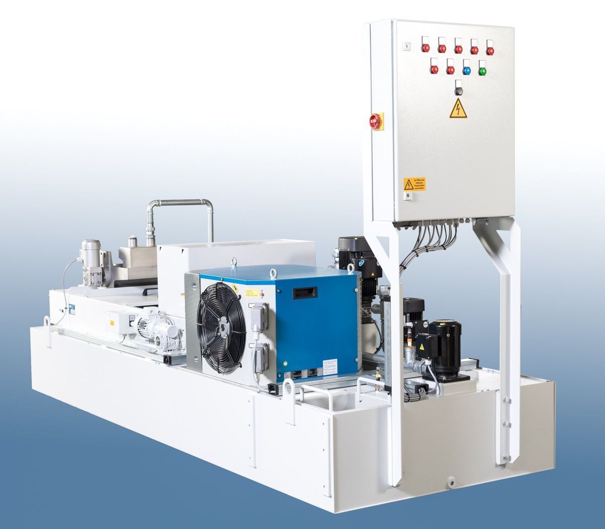 Weiße Industriemaschine mit blauen und schwarzen Bauteilen, Bedienfeld oben.