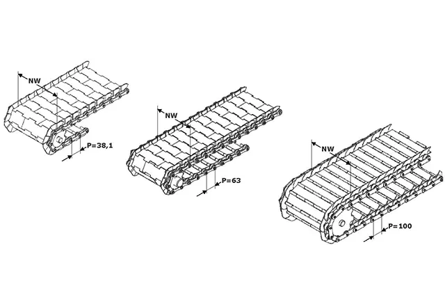 Drei Kettenlaufflächen unterschiedlicher Länge, jeweils mit Maßangaben beschriftet.
