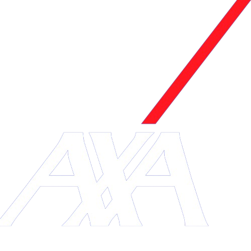 Logo AXA : Lettres blanches « AXA » avec une ligne diagonale rouge traversant la lettre « A ».