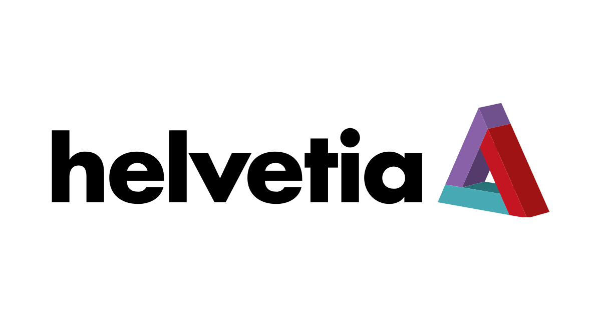 Inscription « Helvetia » accompagnée d'un logo en forme de prisme triangulaire multicolore.