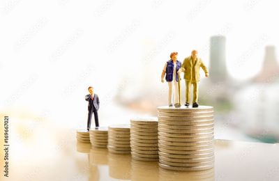 Miniatur-Geschäftsfiguren stehen auf Münzstapeln und symbolisieren finanzielles Wachstum und Ersparnisse.