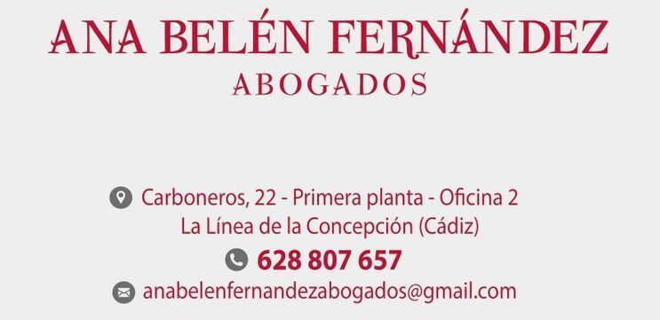 Logotipo de ANA BELÉN FERNÁNDEZ Abogados con dirección, número de teléfono y datos de contacto por correo electrónico.