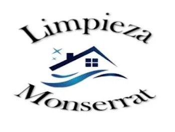 Logotipo para "Limpieza Montserrat" con una casa azul, olas y texto.
