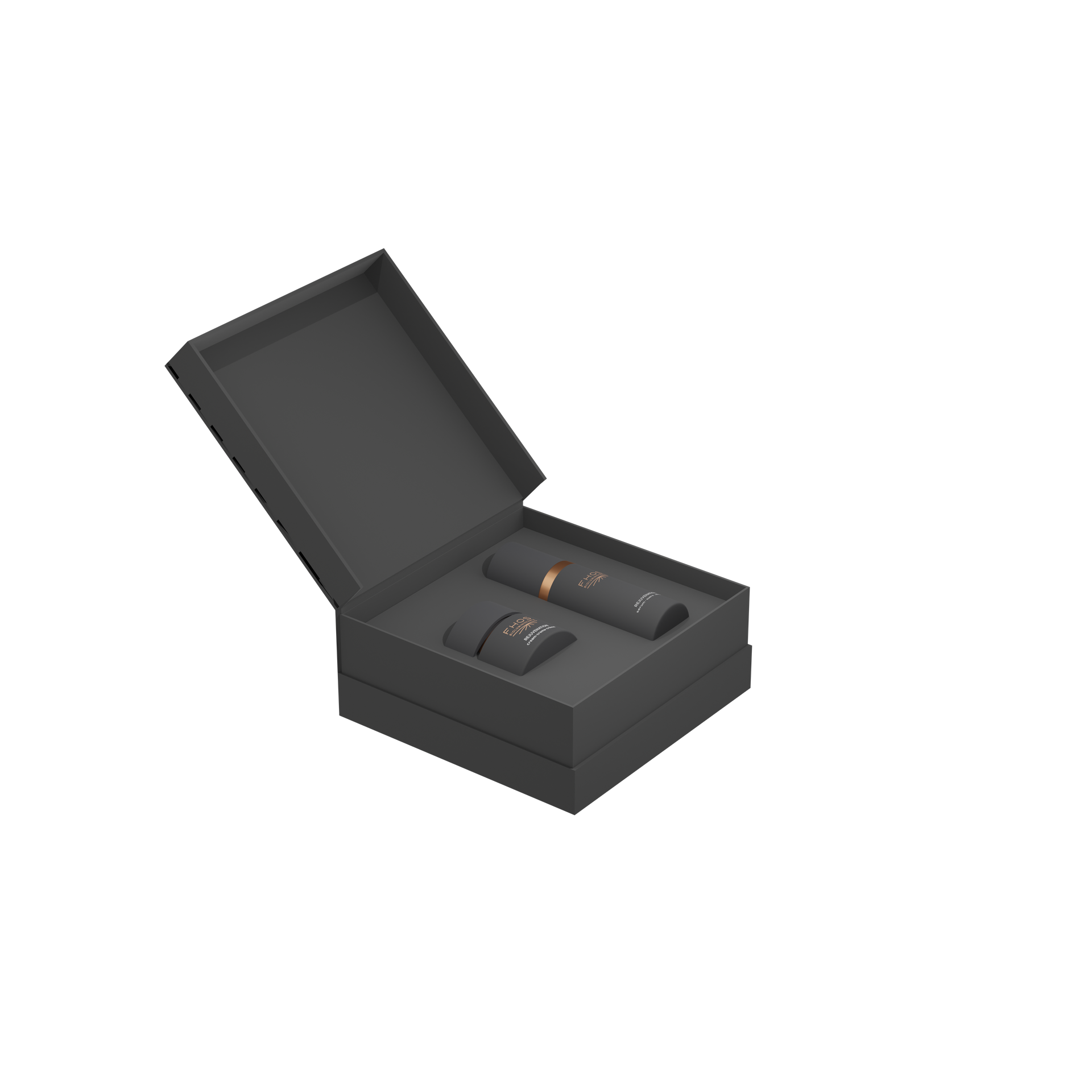 Una caja negra con dos botellas dentro