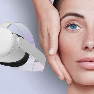 Una mujer lleva un casco de realidad virtual en la cara.