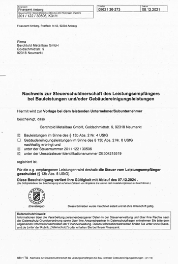 Nachweis zur Steuerschuldnerschaft USt 1 TG GmbH