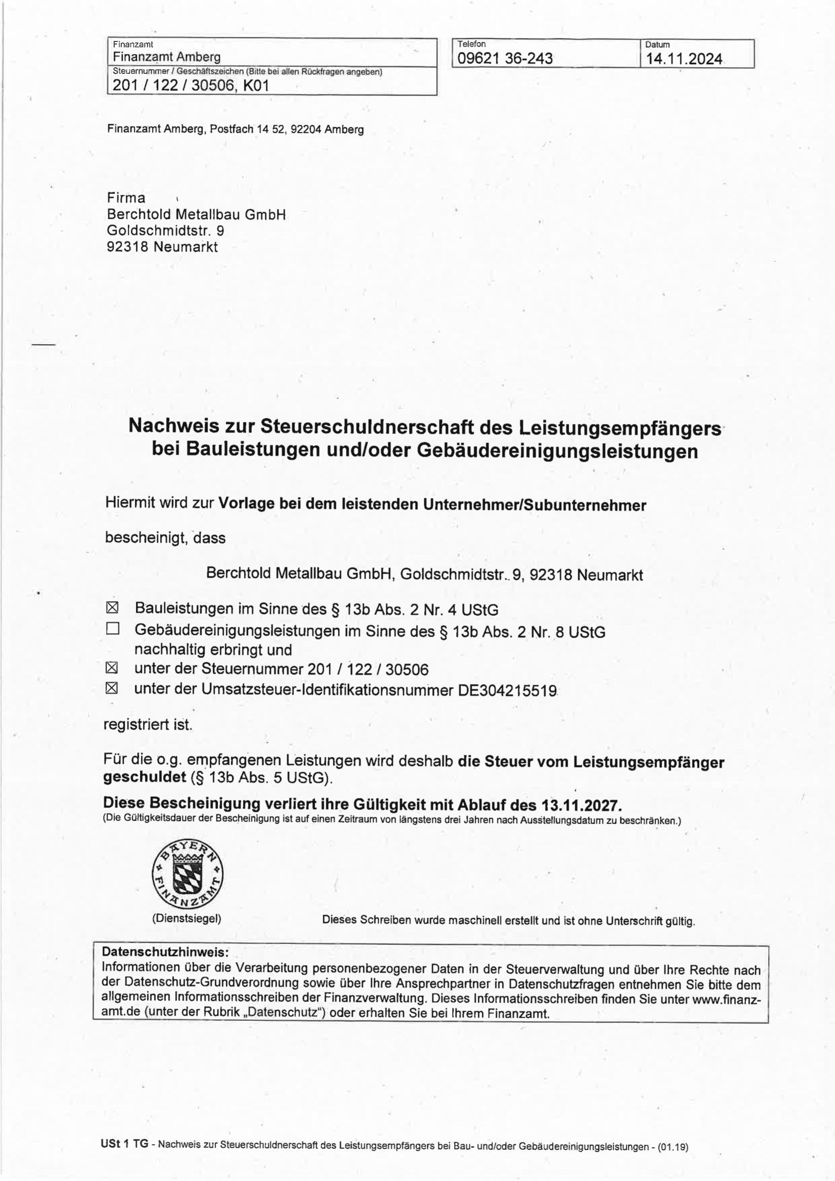 Nachweis zur Steuerschuldnerschaft USt 1 TG GmbH