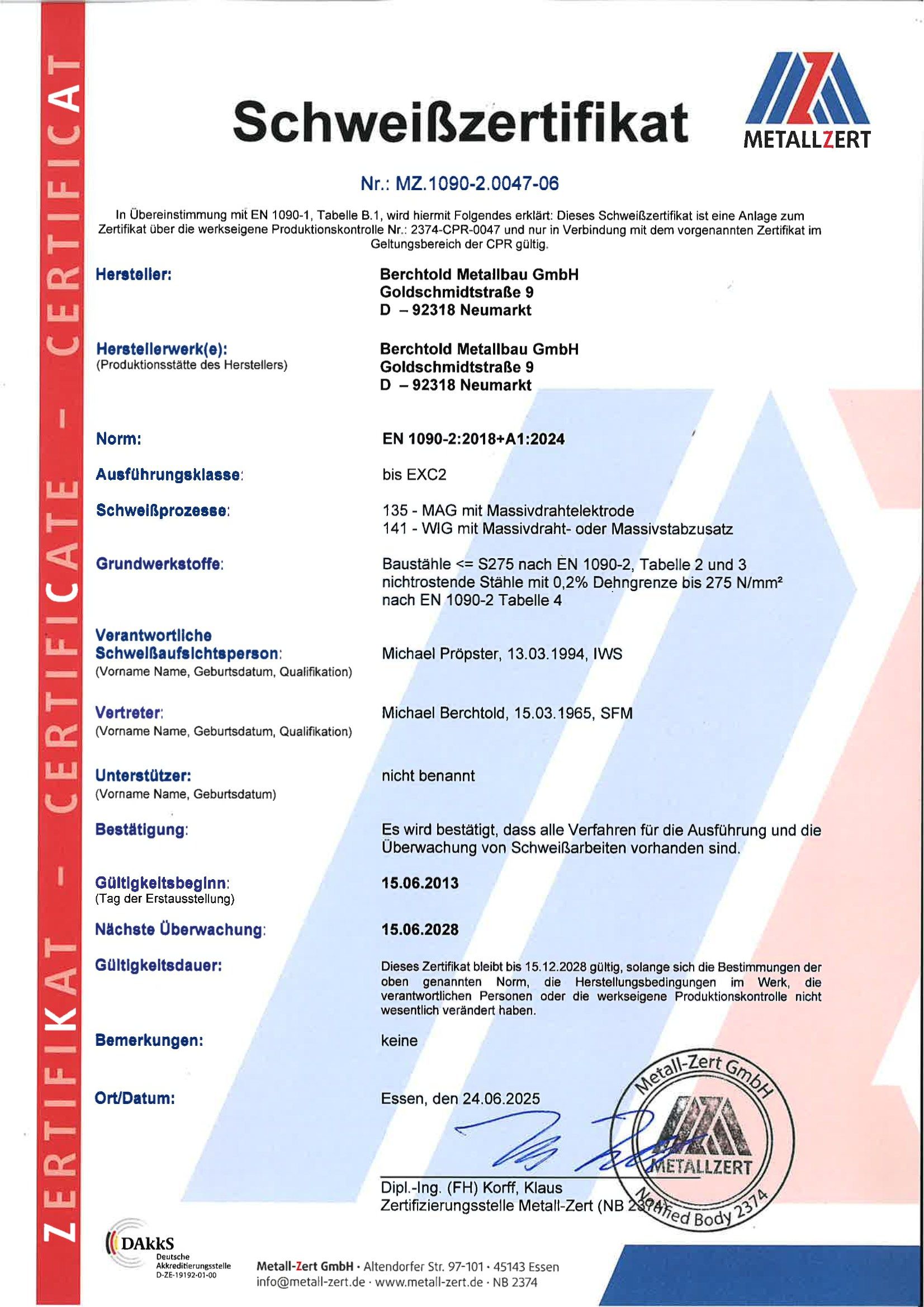 Schweißzertifikat bis 15.6.2028