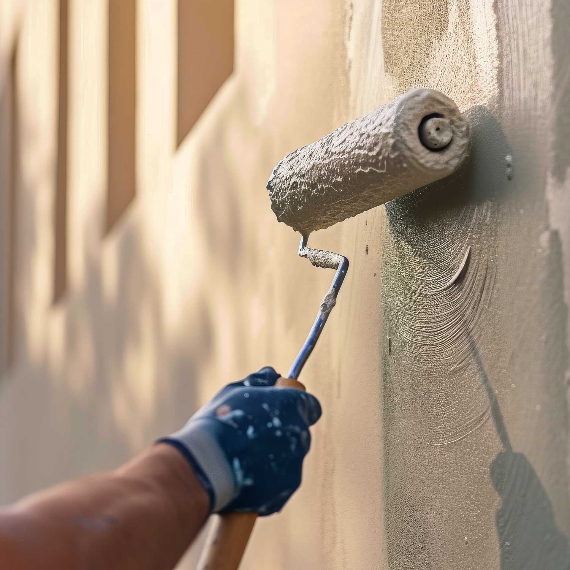 La main d'un peintre avec un rouleau de peinture sur l'extérieur d'une façade