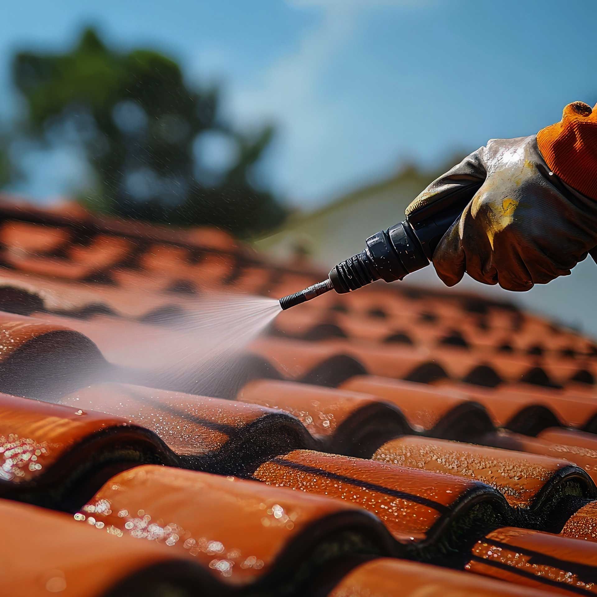 Une main nettoyant des tuiles avec un aspergeur haute pression