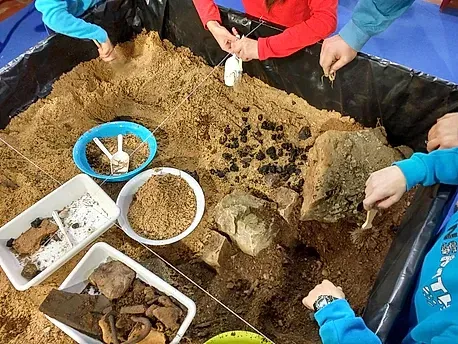 Un grupo de niños está cavando en un arenero.