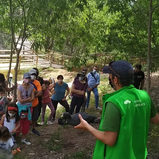 Un hombre con un chaleco verde está parado frente a un grupo de personas que llevan máscaras.