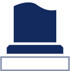 Pierre tombale bleu foncé à sommet ondulé, posée sur un socle bleu et un rectangle blanc bordé de gris.