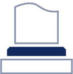 Pierre tombale à sommet ondulé, reposant sur une base bleu foncé et un piédestal rectangulaire.