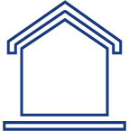 Icône de contour de maison bleue avec un toit et une base rectangulaire.