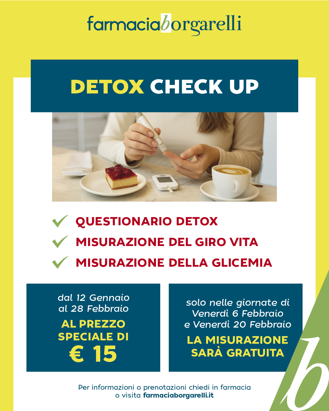 Volantino promozionale per un check-up detox presso la Farmacia Borgarelli. Include la foto di una persona che si sottopone a un esame del sangue.