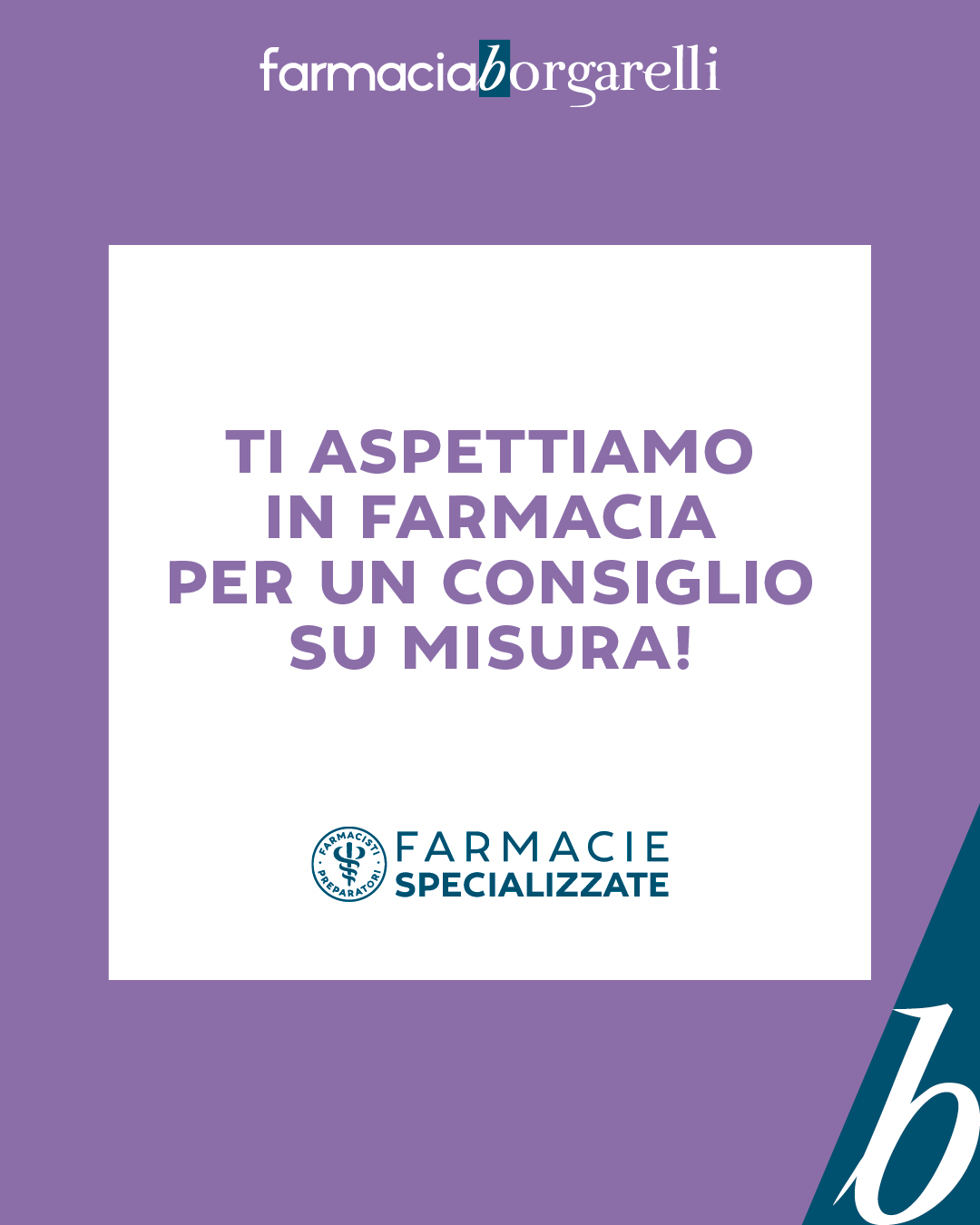 Pubblicità per Bioma Plan presso la Farmacia Borgarelli. Testo verde su sfondo bianco: valutazione della salute intestinale basata sull'analisi del DNA.