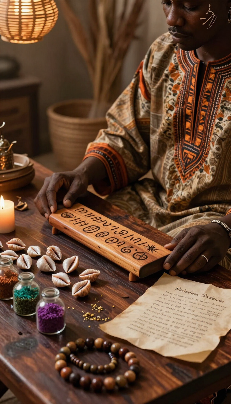 Una persona con una túnica estampada lee una tabla de adivinación de madera junto a velas, conchas, cuentas y una página escrita a mano.
