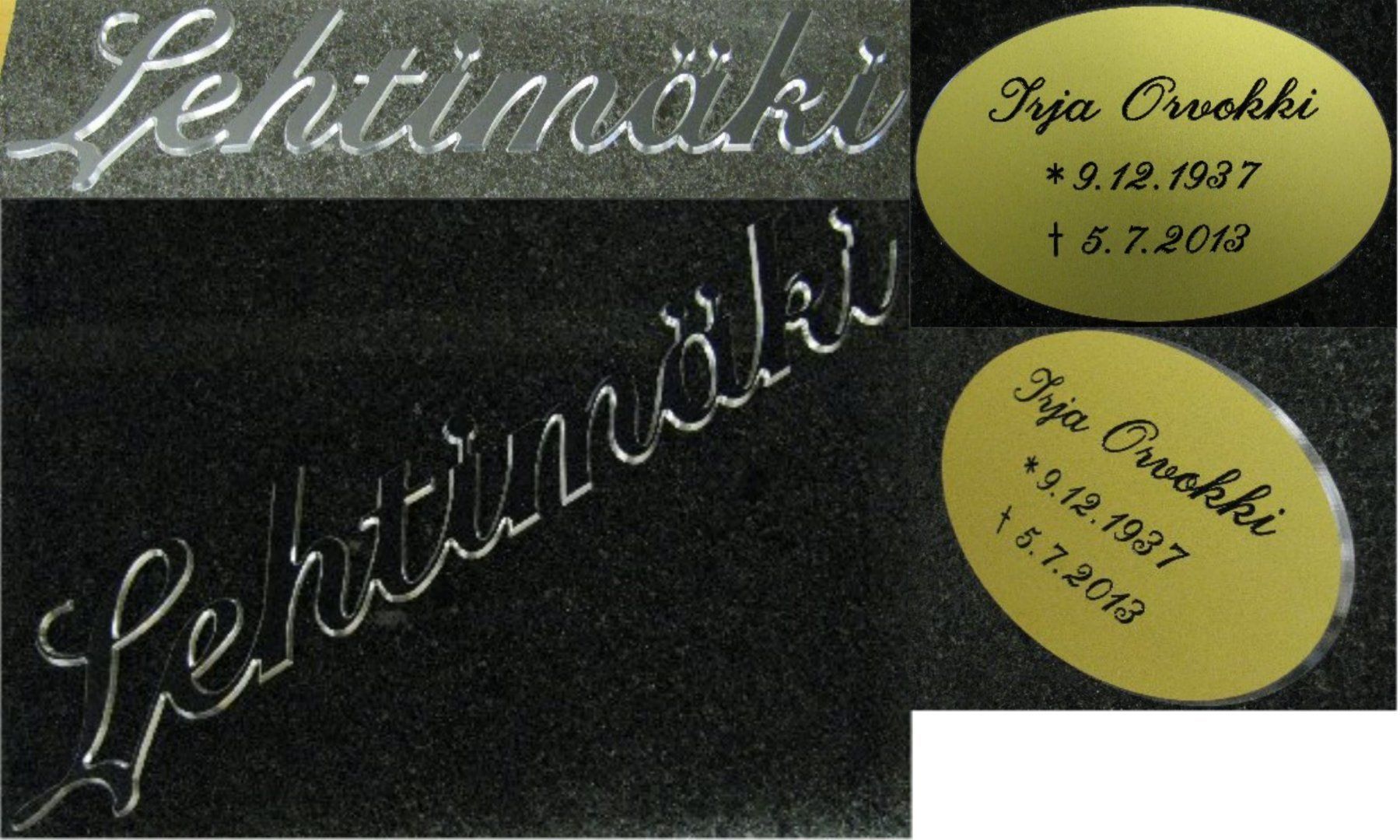 Mustavalkoinen muistolaatta, jossa on kaunokirjoitettuja nimiä ja kaksi kultaista soikeaa nimilaattaa oikealla puolella