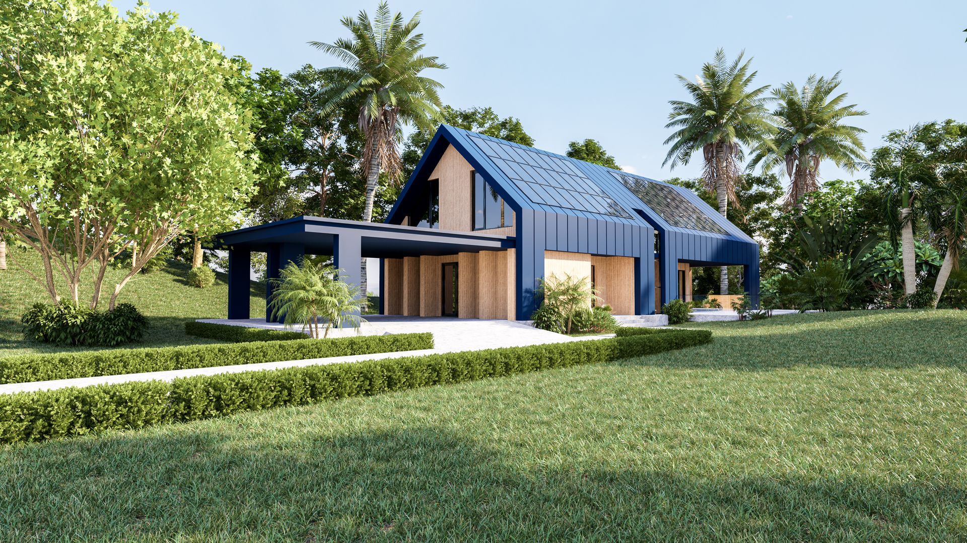 Maison futuriste écologique avec panneaux solaire sur toute la surface du toit