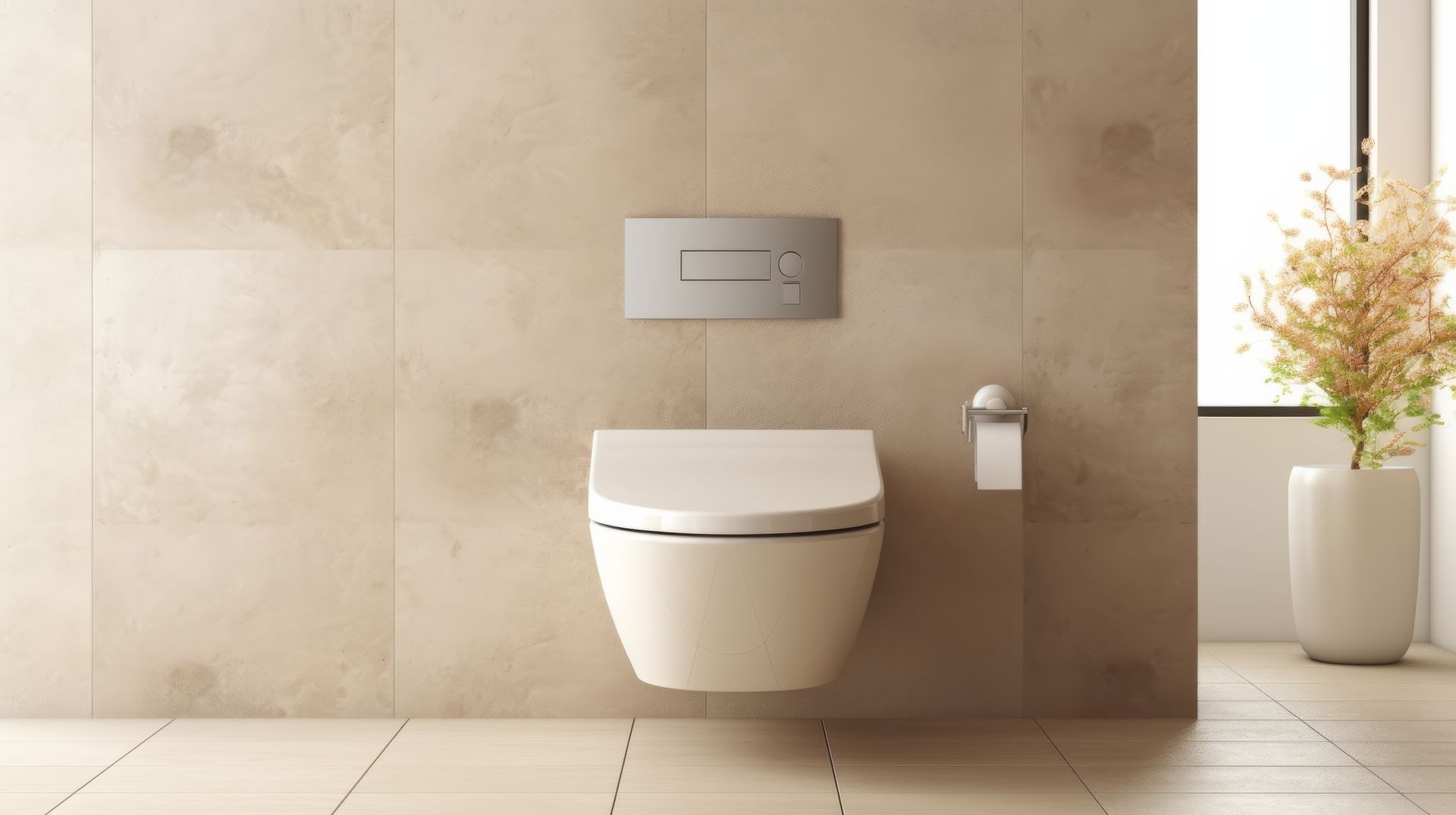 Toilettes murales beiges avec plaque de commande et rouleau de papier toilette, à côté d'une fenêtre avec une plante en pot.