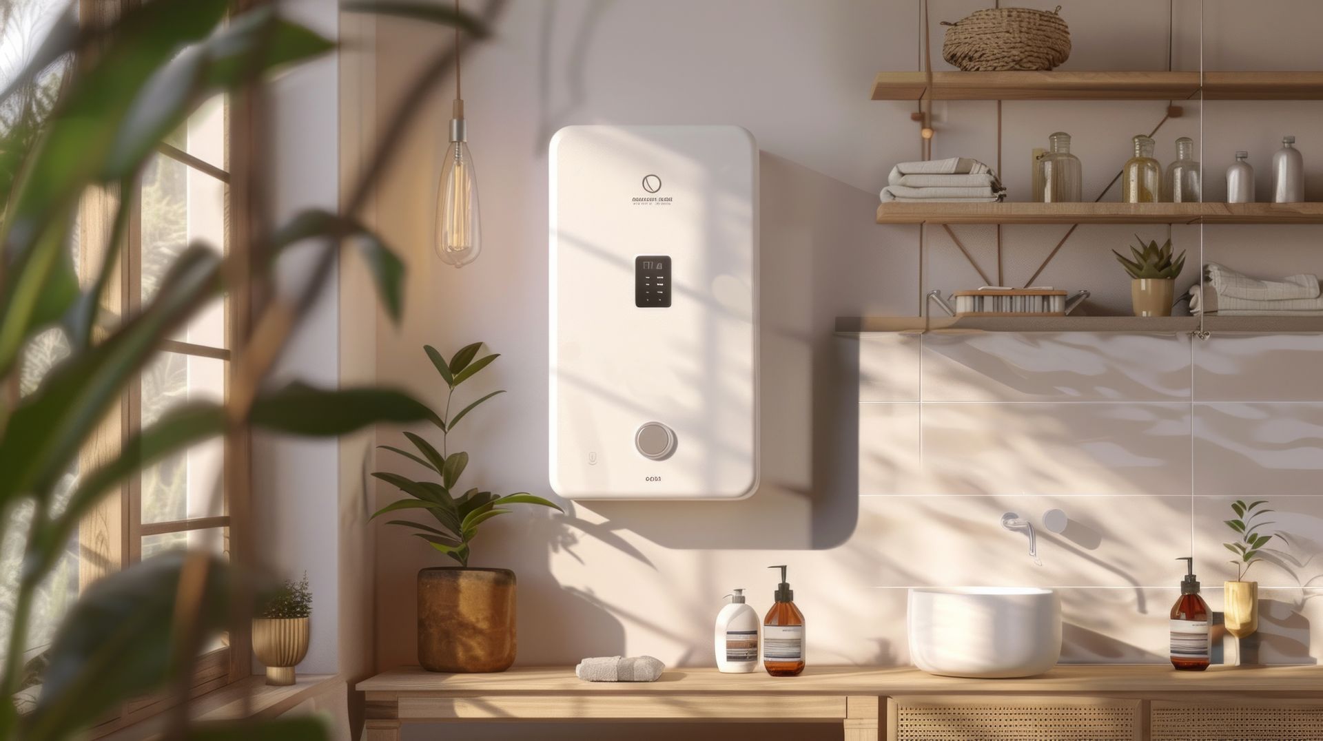 Chauffe-eau blanc fixé au mur d'une salle de bains, avec des plantes, un lavabo et des articles de toilette visibles.