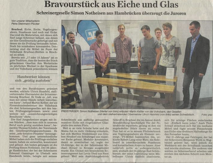 A newspaper article titled braveurstuck aus eiche und glas