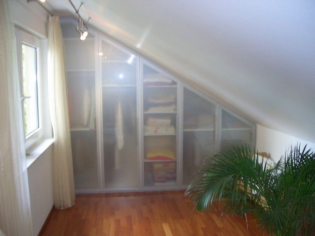 Ein Raum mit schräger Decke und einer Pflanze