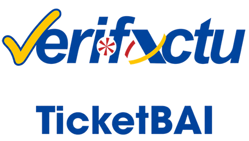 Logotipo de Verifactu TicketBAI en texto azul, amarillo y rojo sobre un fondo blanco.