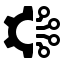 Icono de red negro con estilo de circuito conectado a un nodo central sobre un fondo blanco.