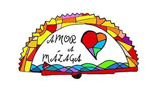 Logotipo colorido dibujado a mano con la frase “Amor y amistad” y formas de arcoíris y corazones rojos.