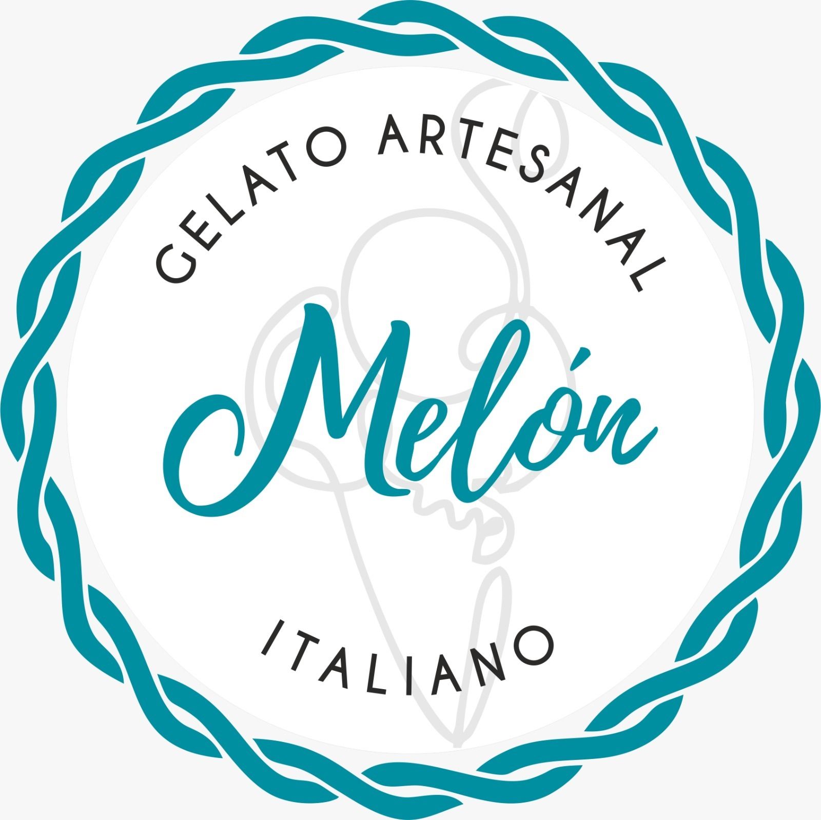 Teal circular seal logo reading “Gelato Artesanal Melón Italiano”