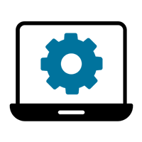 Ordenador portátil con un icono de engranaje azul en la pantalla, que representa la configuración o los ajustes.