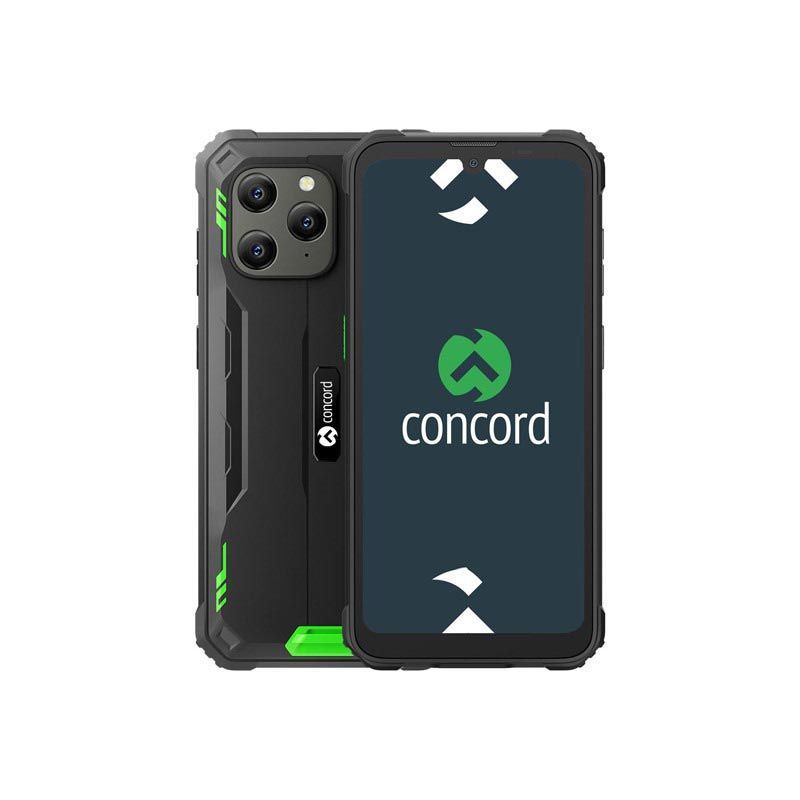 Funda negra resistente para teléfono con detalles verdes y el logotipo de Concord en la parte posterior, mostrada por delante y por detrás.