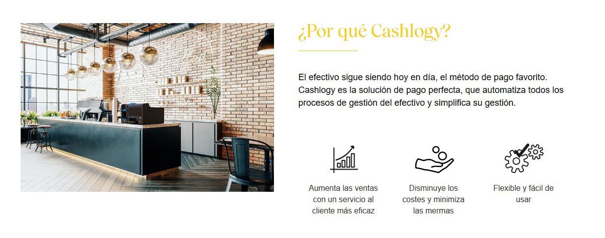 Interior de cafetería moderna con una larga barra y lámparas colgantes, junto al texto francés “Pourquoi...” y tres iconos.