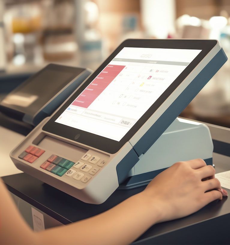 Caja registradora táctil en un mostrador con una mano usando un ratón en una tienda.
