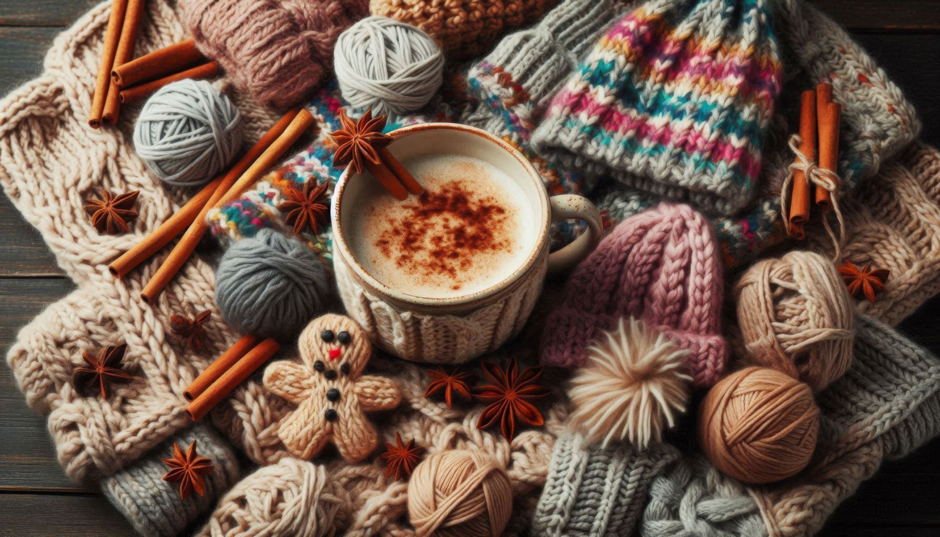 Plusieurs pelotes de laine et des bonnets tricotés