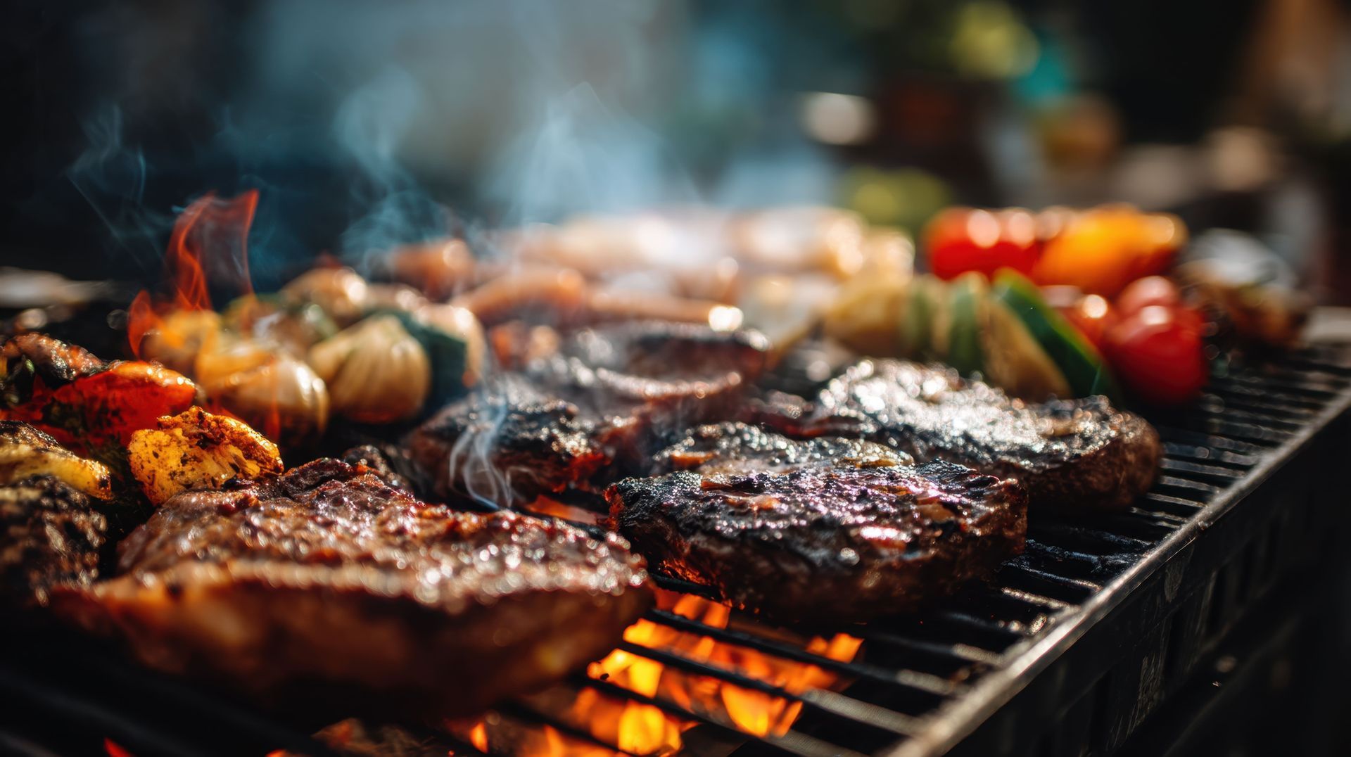 Asar a la parrilla filetes, salchichas y verduras sobre las llamas, con humo elevándose.