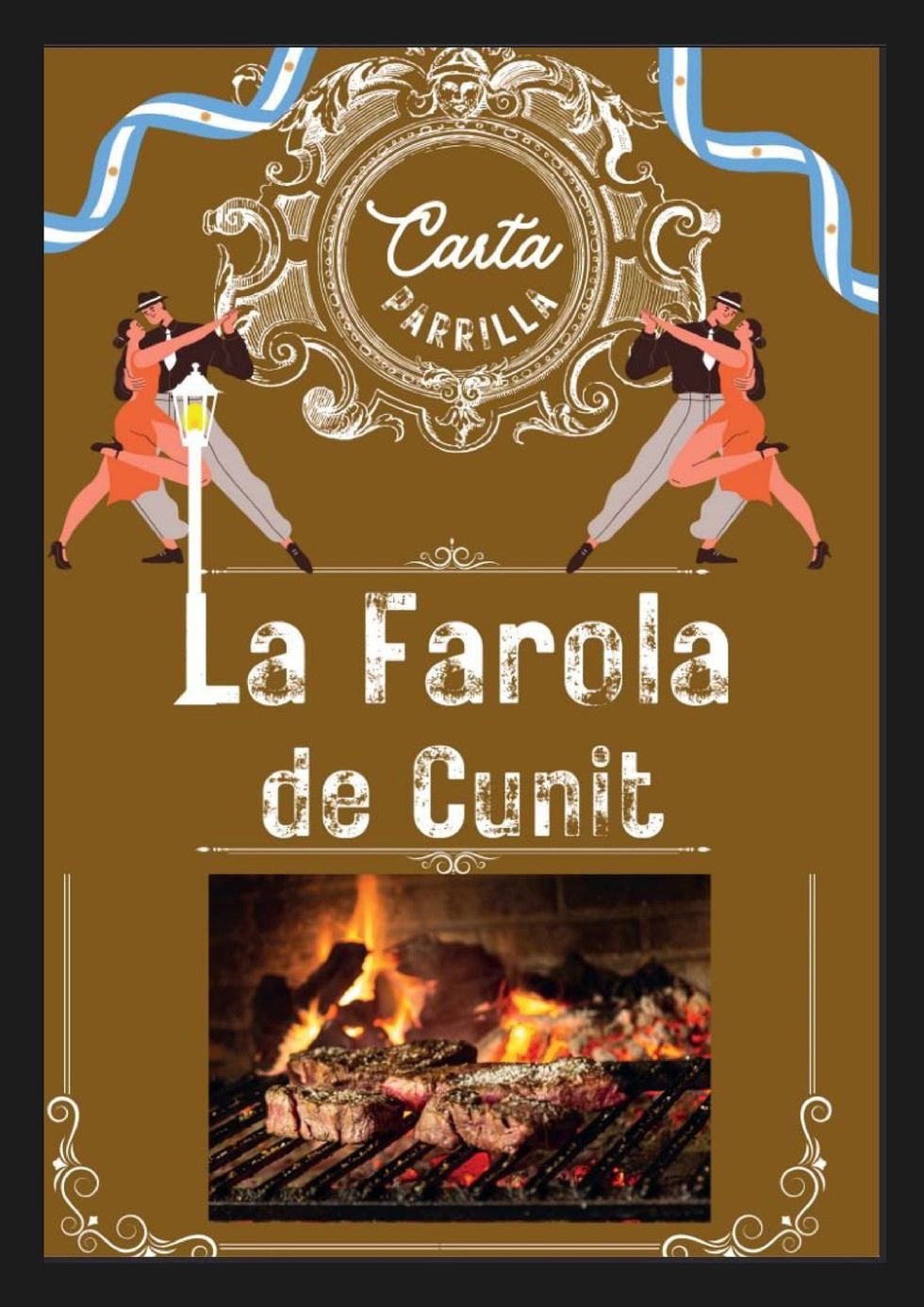 Letrero del restaurante: "La Farola de Cunit" con bailarines, parrilla y bandera argentina.