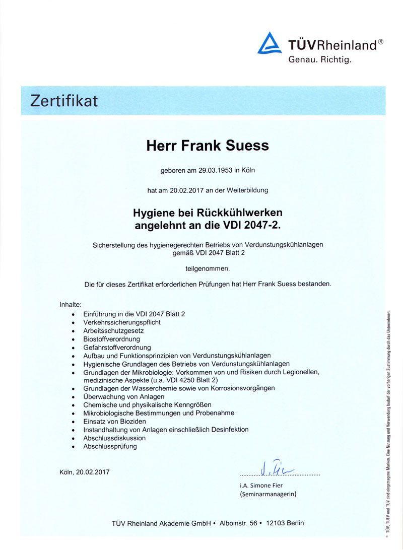 Ein Zertifikat, auf dem Herr Frank Suess steht